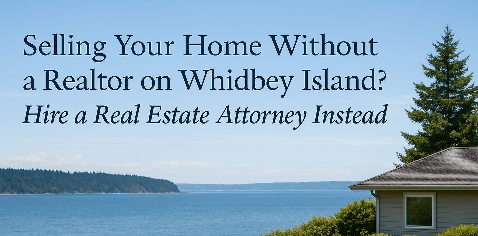 Coastal Whidbey Island home with waterfront view and overlaid text promoting selling your house without a real estate agent—hire a local real estate attorney instead of paying broker commission.