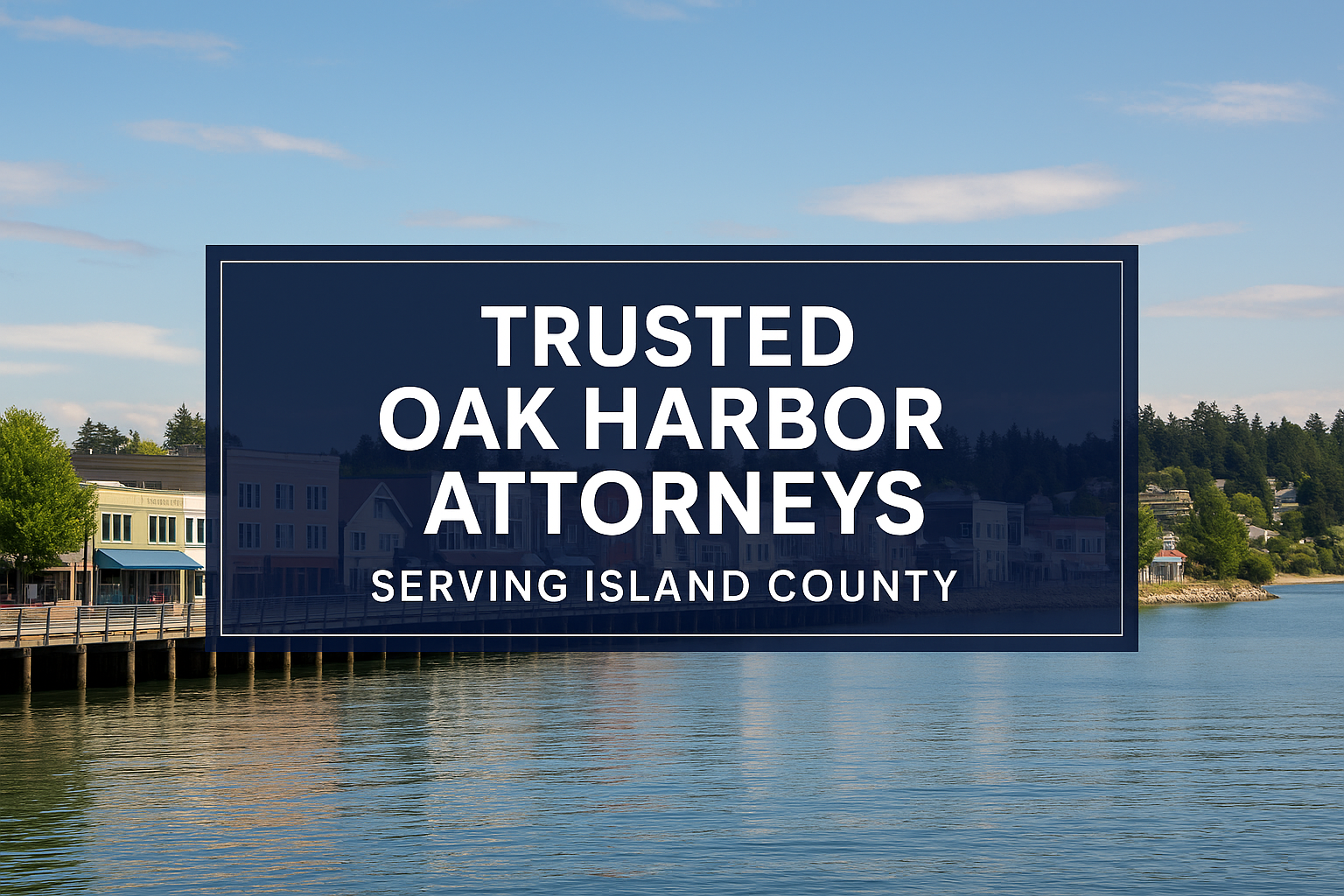 Downtown Harbor waterfront with attorney contact information overlay