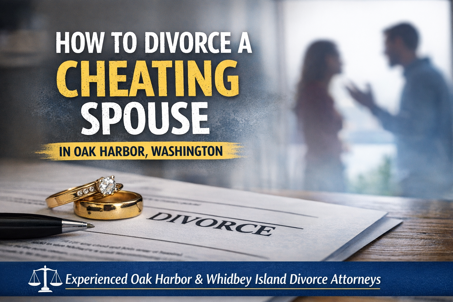 Divorce papers and wedding rings with a couple arguing in the background illustrating how to divorce a cheating spouse in Oak Harbor Washington