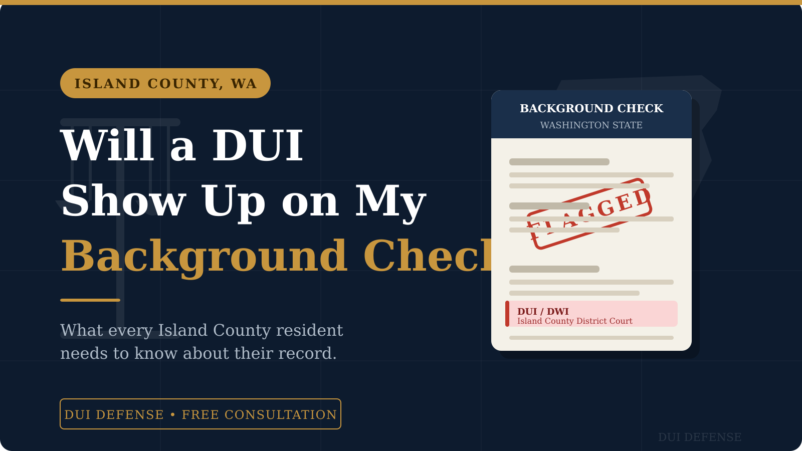 Blog post header graphic for an Island County, WA DUI defense attorney. The headline reads: Will a DUI Show Up on My Background Check? A decorative background check document on the right side shows lines of redacted text, a red FLAGGED stamp, and a highlighted entry reading 'DUI/DWI — Island County District Court.' A gold banner at the bottom reads: DUI Defense — Free Consultation. Island County DUI defense blog post header. Dark navy graphic with gold accents and the headline 'Will a DUI in Island County Show Up on My Background Check?' A mock background check document on the right is stamped FLAGGED in red, with a highlighted DUI entry from Island County District Court.
